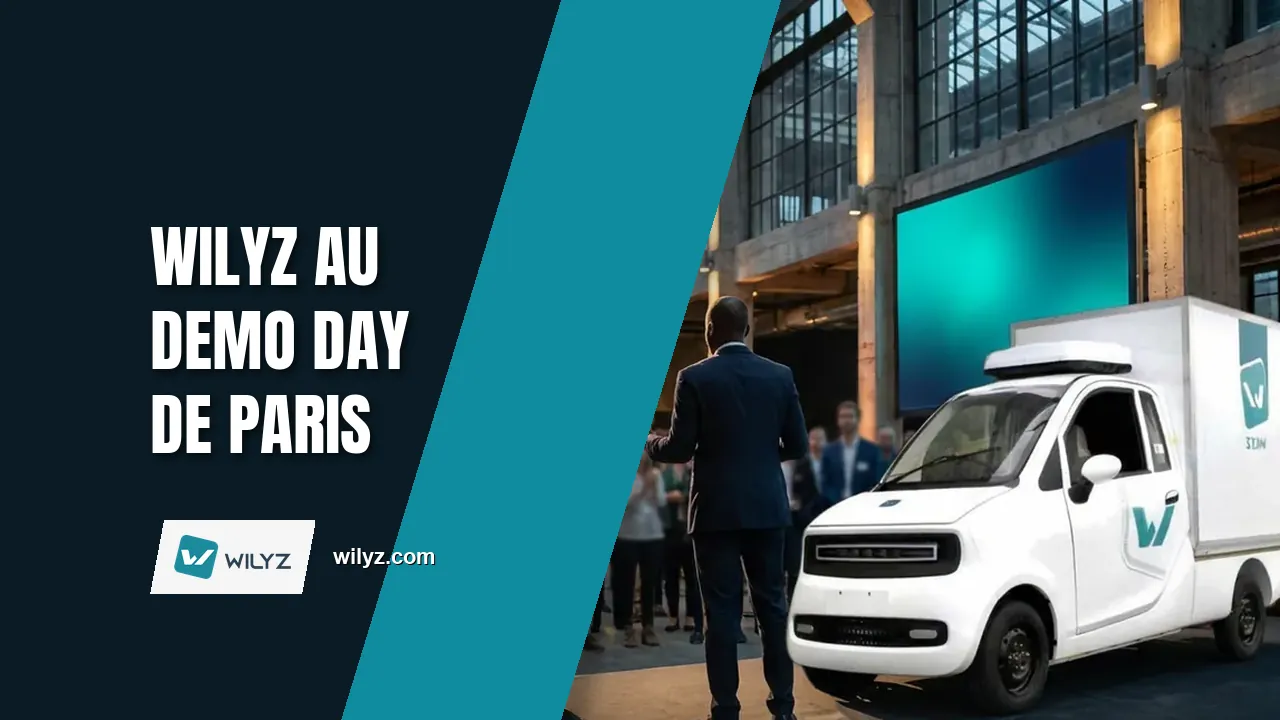 Entrepreneur vu de dos présentant Wilyz sur la scène d'un Demo Day à Paris, à côté de l'utilitaire électrique Wilyz M1
