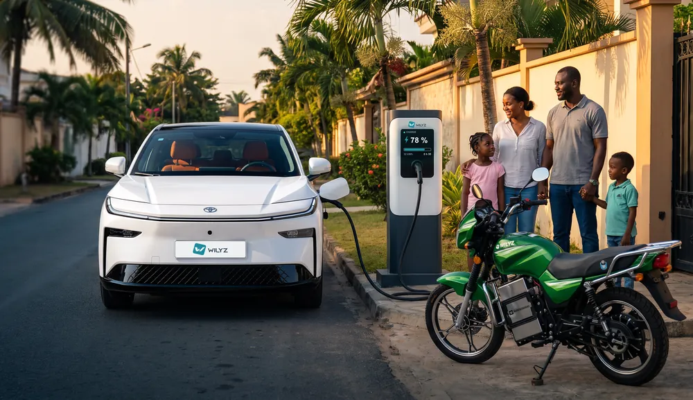 Une famille ivoirienne devant sa Toyota bZ3X branchée à une borne de recharge, à côté d’une moto électrique Wilyz, dans une rue d’Abidjan